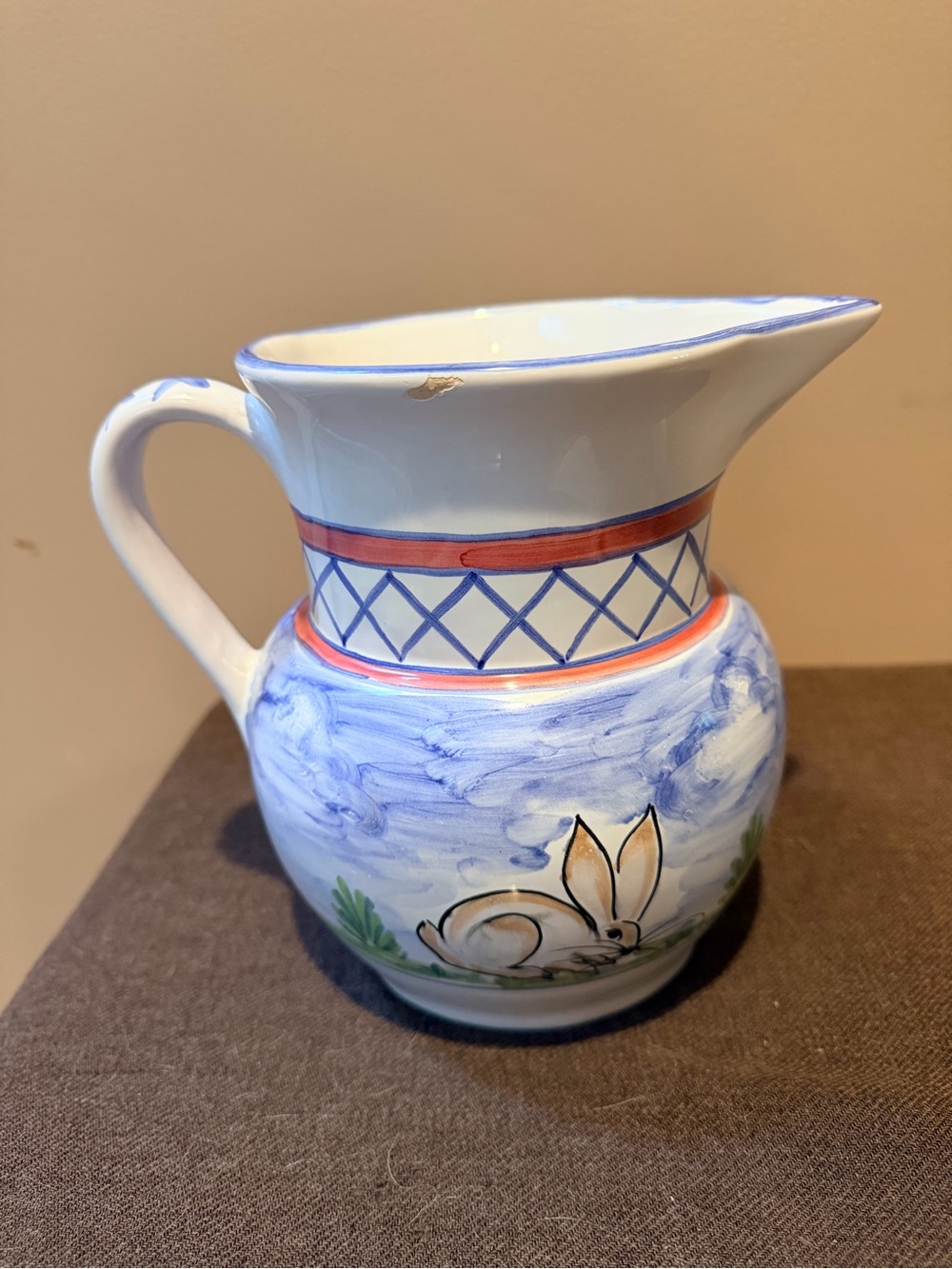 Hand-Painted Ceramic Pitcher in Blue, White & Red with Bunny Motif